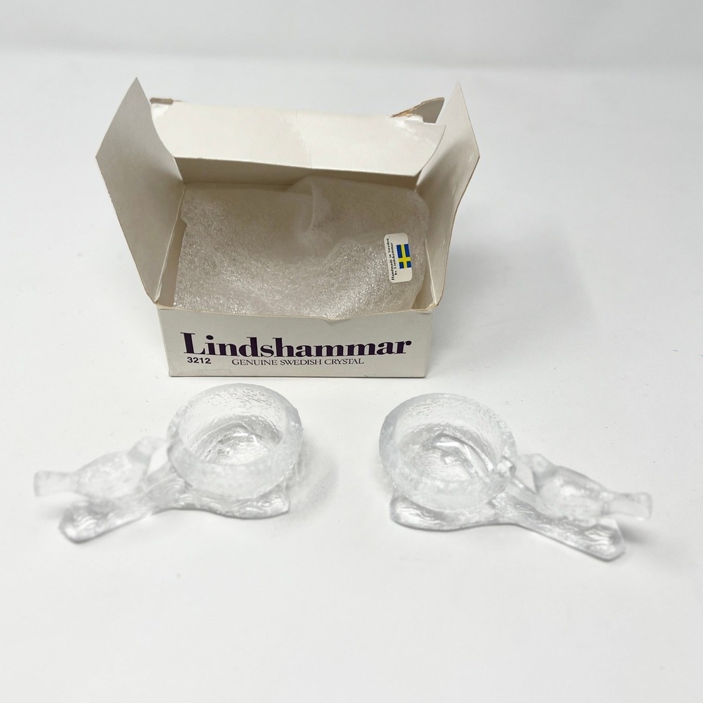Lindshammar Fåglavik Glasbruk Sweden 2 Crystal Salt Cellars‎ w Birds Vintage